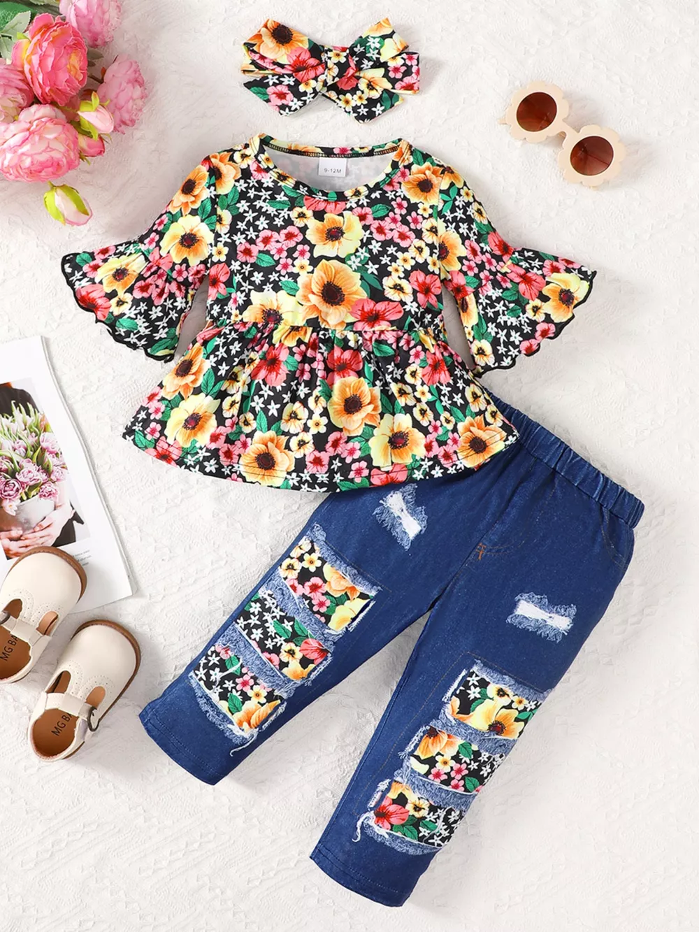 Children's Floral Bell Sleeve Top and Pants Set