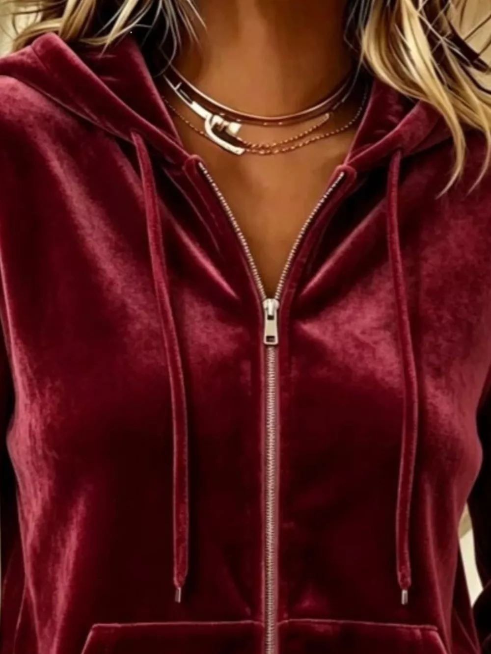 Full Size Velvet Zip-Up Outerwear with Drawstring Plus Size, image 8