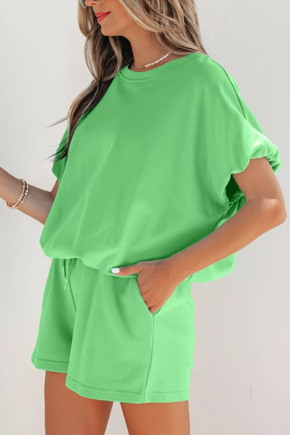 Solid Color Puffy Loose Top Drawstring Shorts 2pcs Outfit, image 5