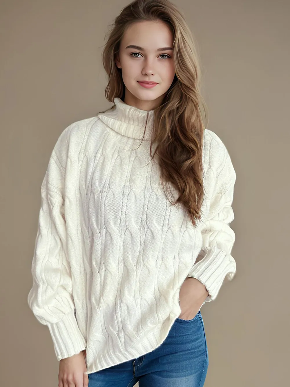 Cable-Knit Turtleneck Long Sleeve Sweater, image 2