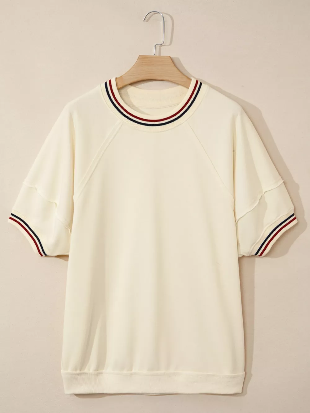 Contrast Varsity Striped Neckline Cuffed Short Sleeve Loose Tunic Top, image 4