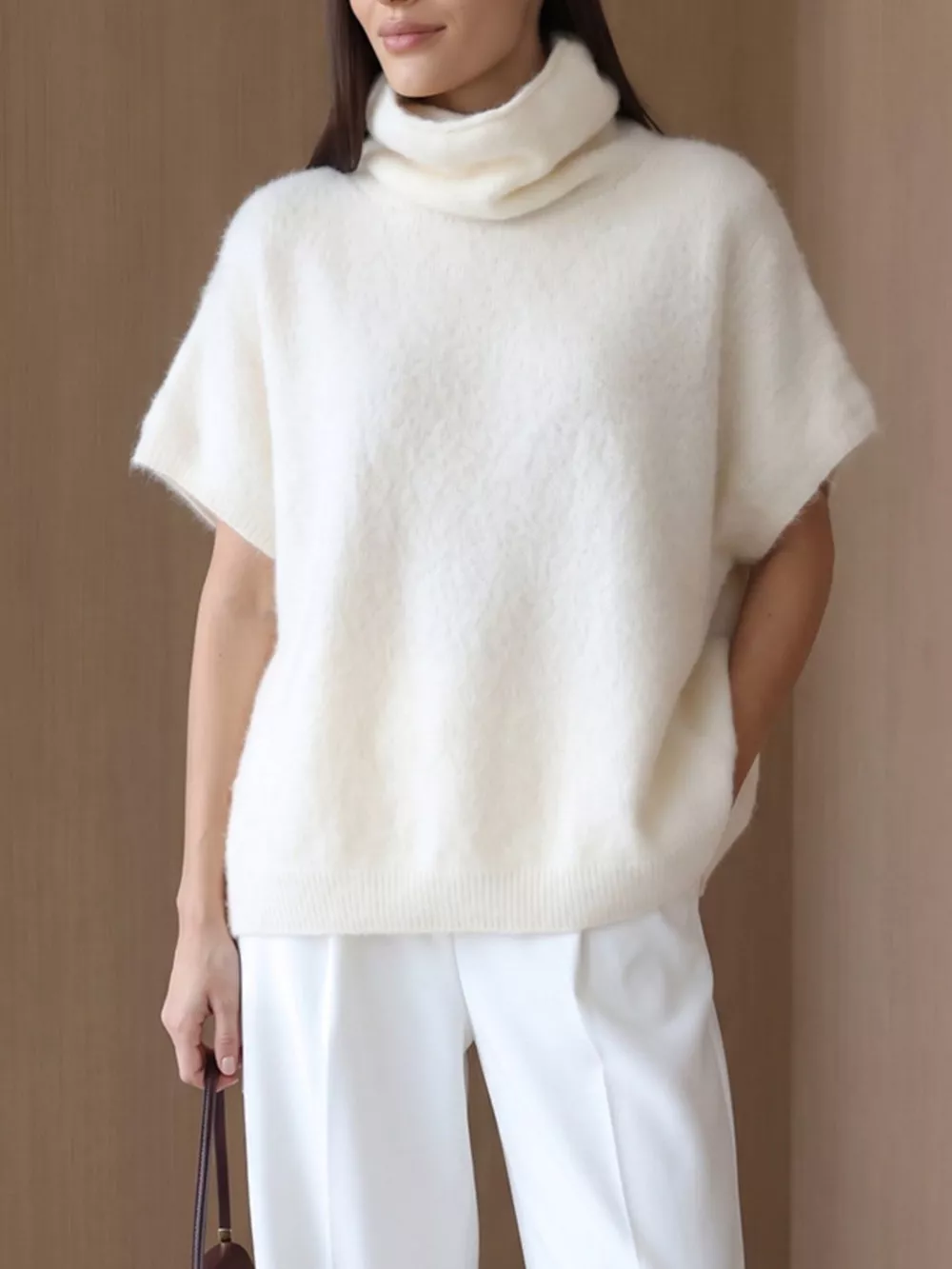 Turtleneck Fuzzy Short Sleeve Sweater, image 5