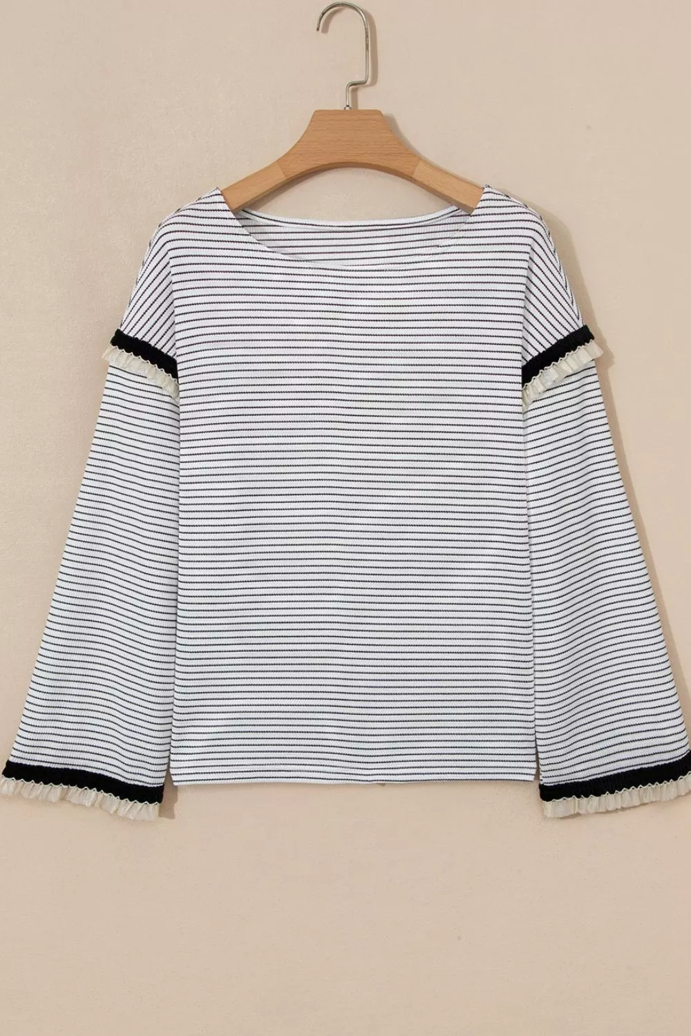 Stripe Contrasted Ruffle Trim Loose Long Sleeve Top, image 8