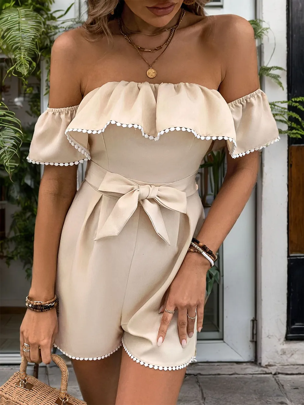 Tied Ruffled Off-Shoulder Short Sleeve Romper, image 3