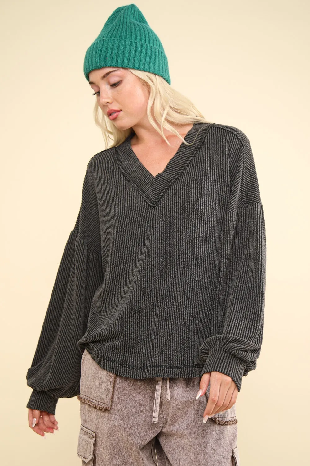 Two Tone Ribbed V-Neck Exposed Seam Top, image 2