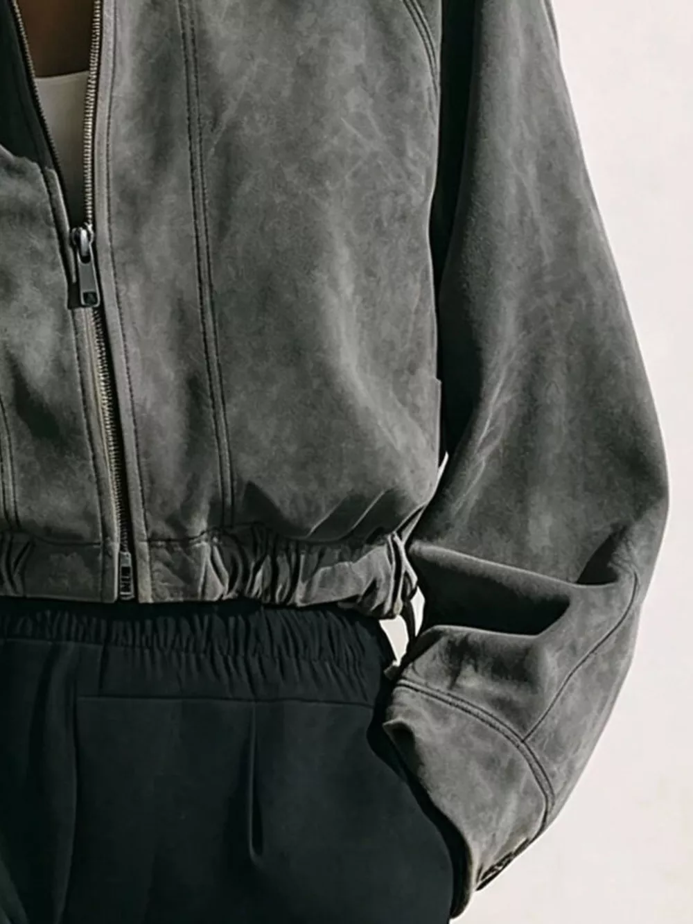 Suede Zip-Up Stand Collar Cropped Jacket, image 6