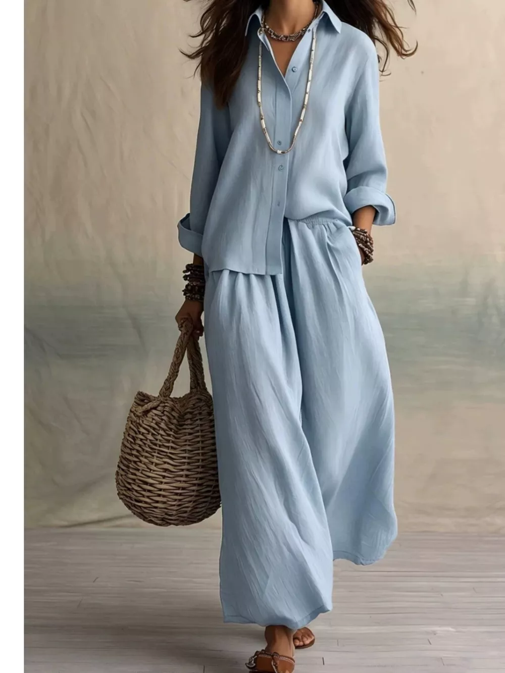 Full Size Button Up Shirt and Wide-Leg Pants Set Plus Size, image 9