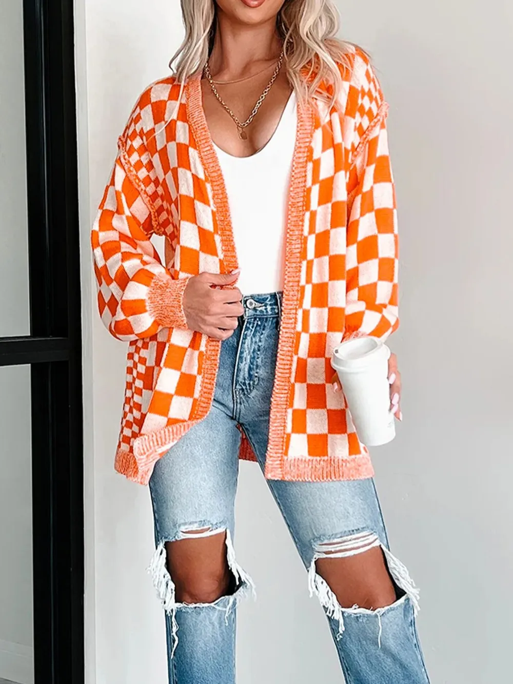 Checkered Pattern Open Front Cardigan, image 11