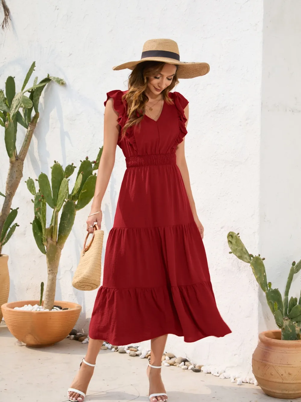 Tiered Ruffled V-Neck Cap Sleeve Dress, image 4