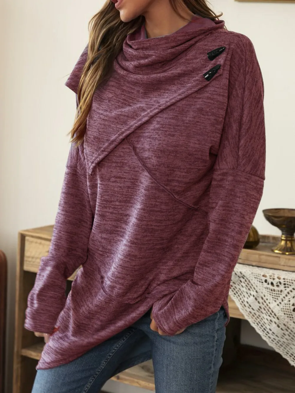 Asymmetrical Hem Cowl Neck Long Sleeve T-Shirt, image 11