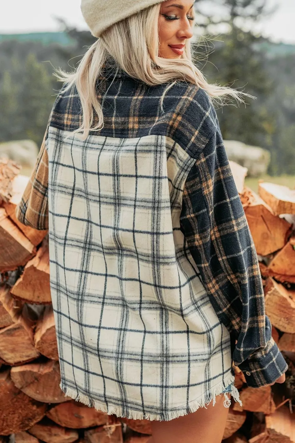 Multicolour Plaid Button-Up Long Sleeve Shift Silhouette Shacket, image 4
