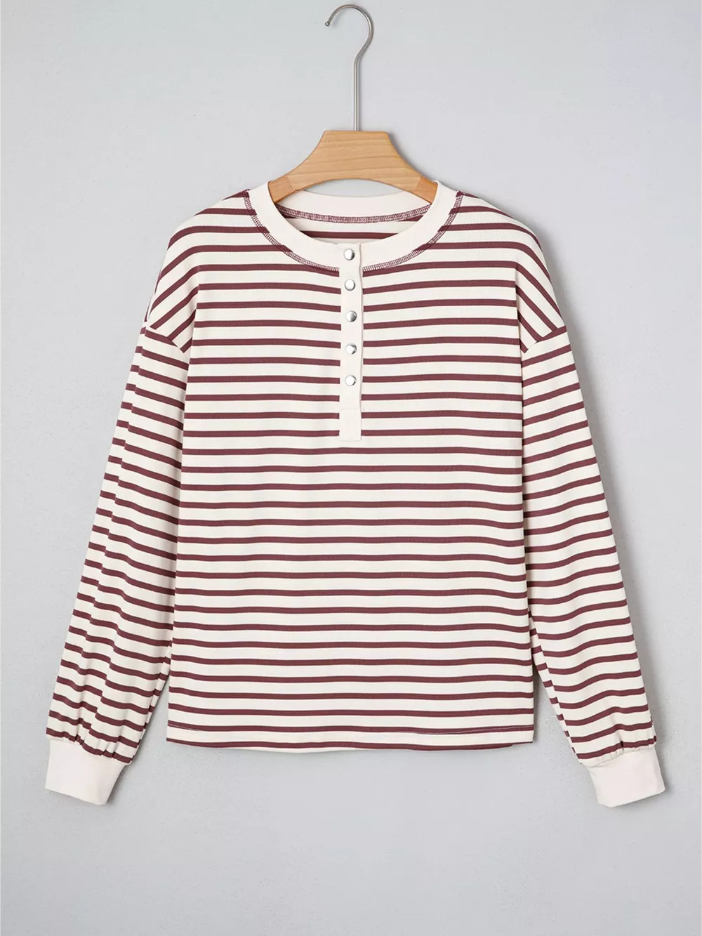 Striped Drop Shoulder Long Sleeve Henley Top, image 6