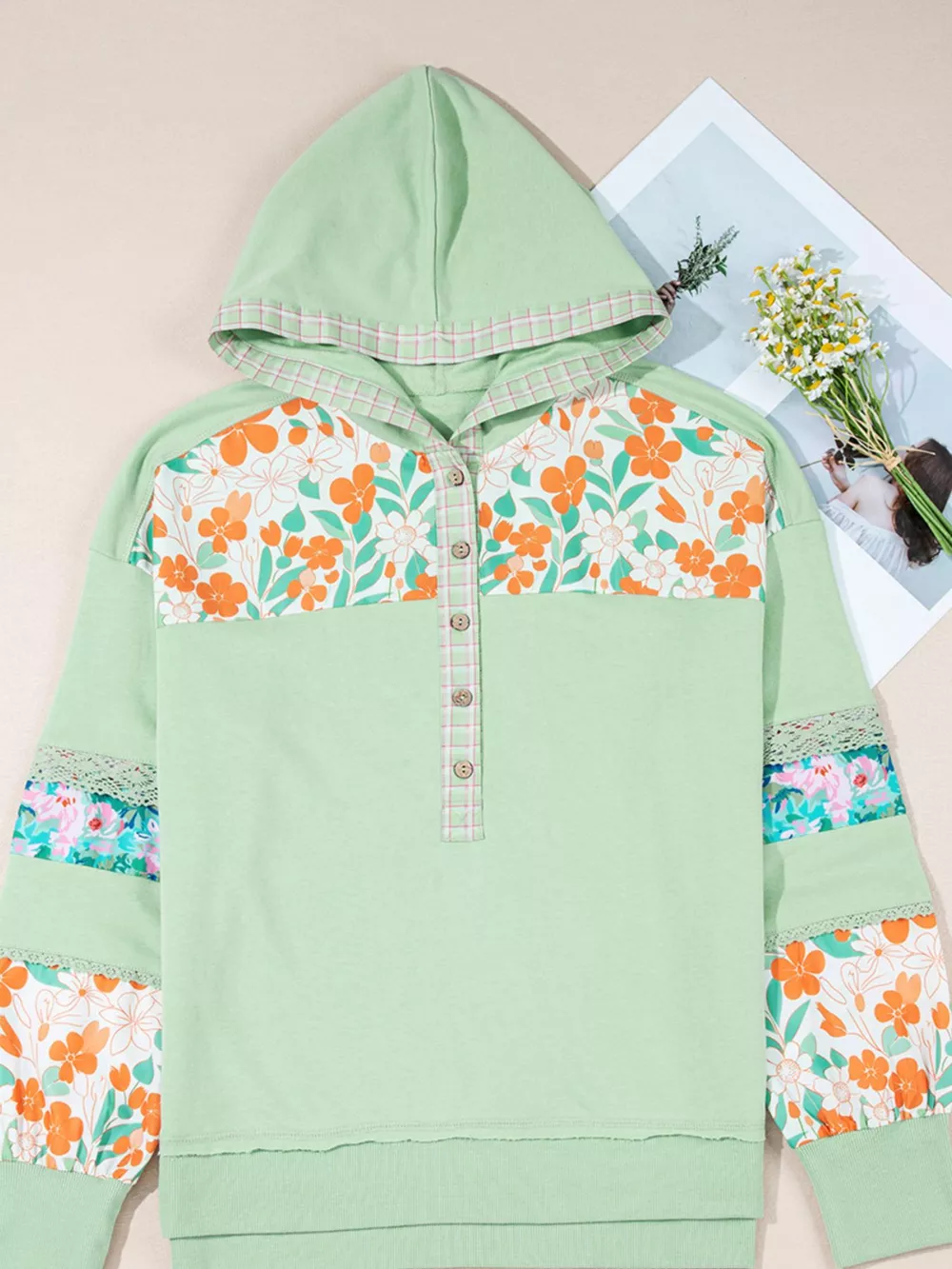 Lace Floral Patchwork Half Button Hooded Top, image 2