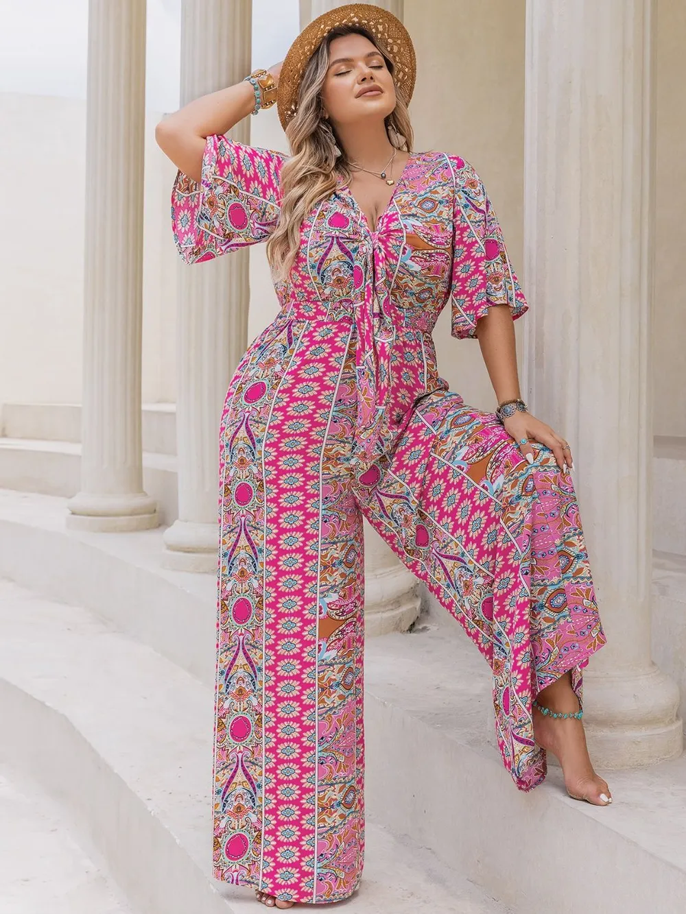Plus Size Printed Half Sleeve Wide Leg Jumpsuit, image 8