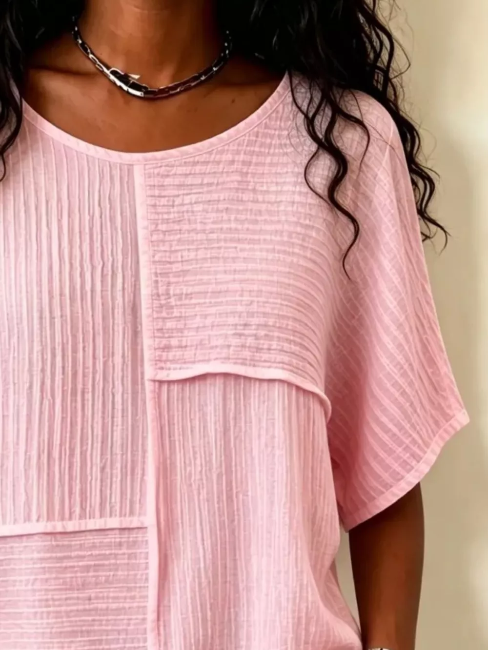 Full Size Texture Round Neck Half Sleeve Blouse Plus Size, image 6