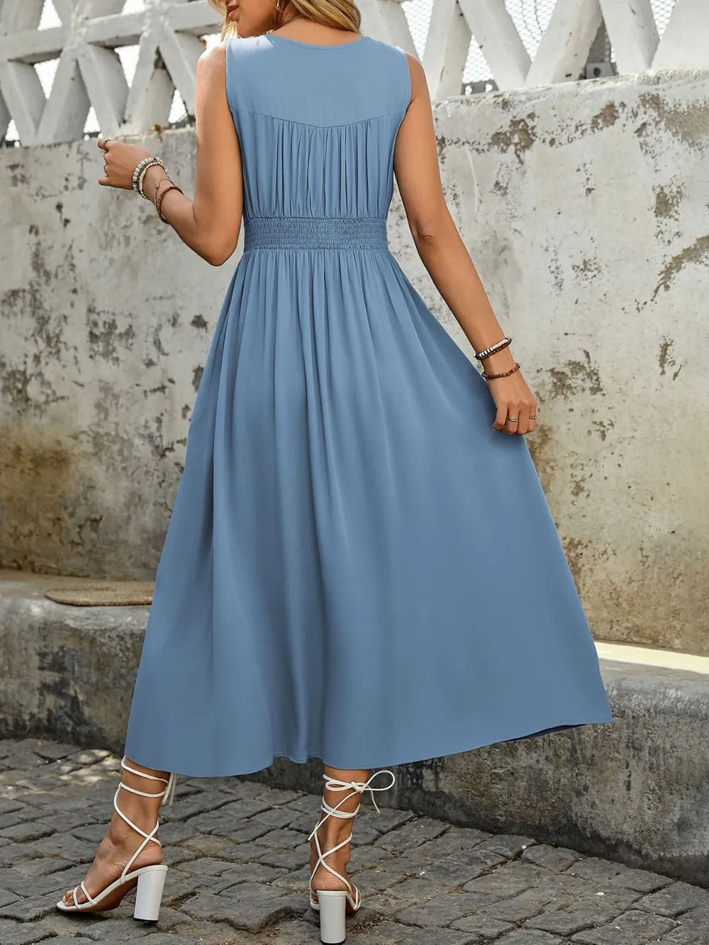 Ruched Decor Button Slit Sleeveless Midi Dress, image 5