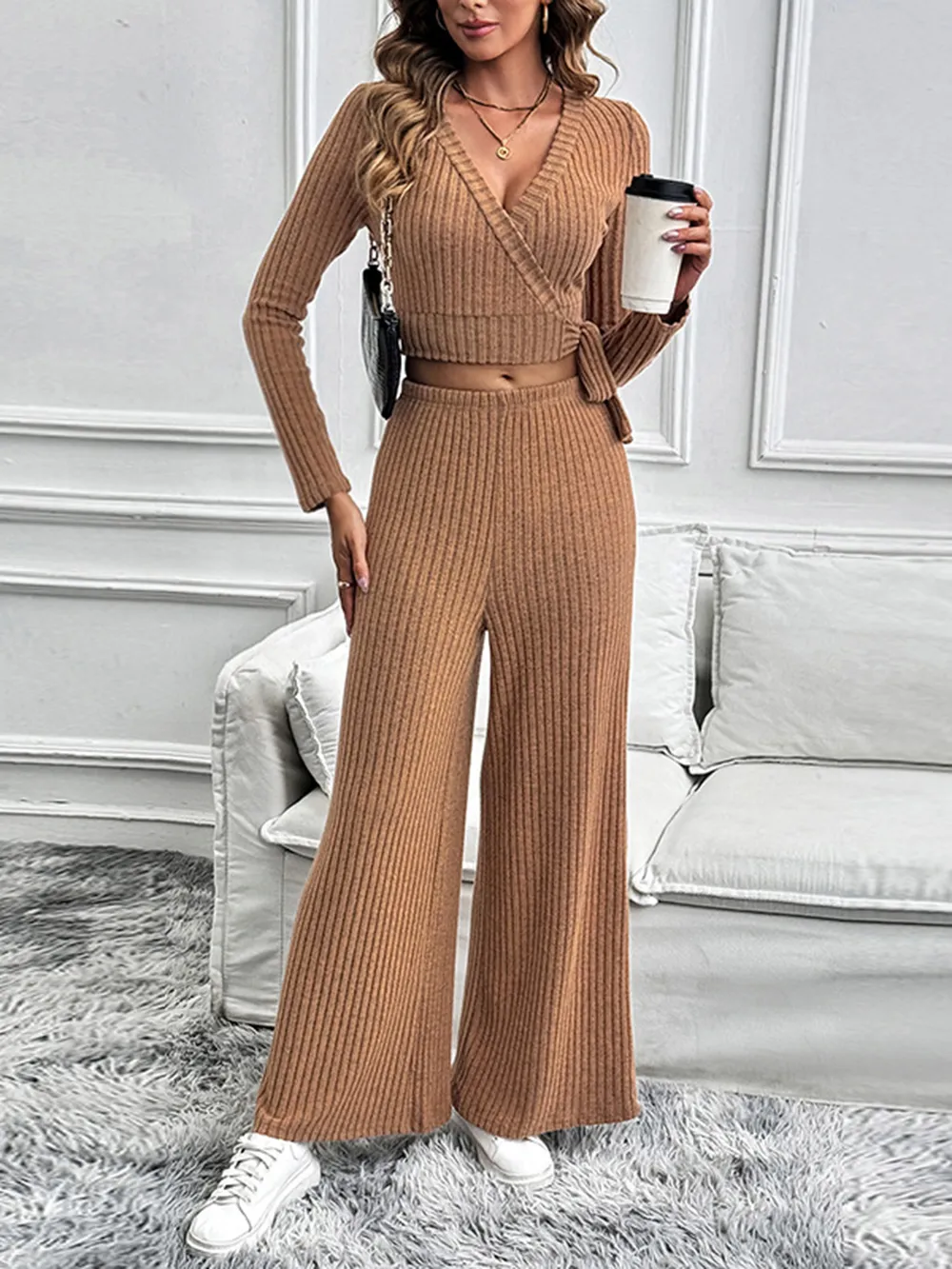 Surplice Long Sleeve Top and Pants Set, image 7