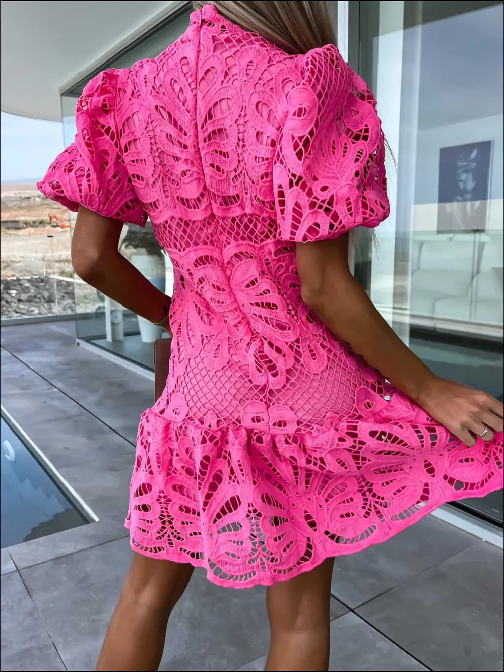 Lace Mock Neck Puff Sleeve Dress, image 13