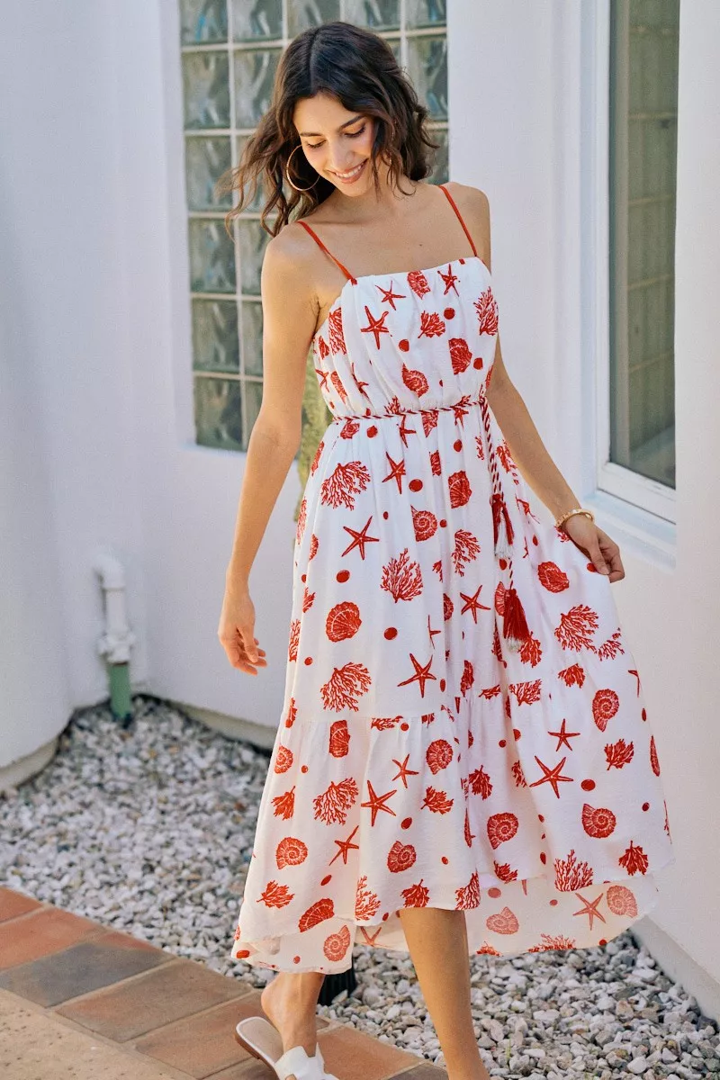 Shell Print Tiered Lined Midi Cami Dress With Belt, image 3