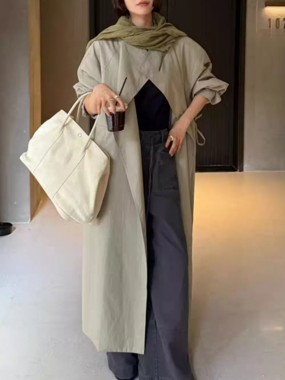 Drawstring Open Front Longline Trench Coat, image 2
