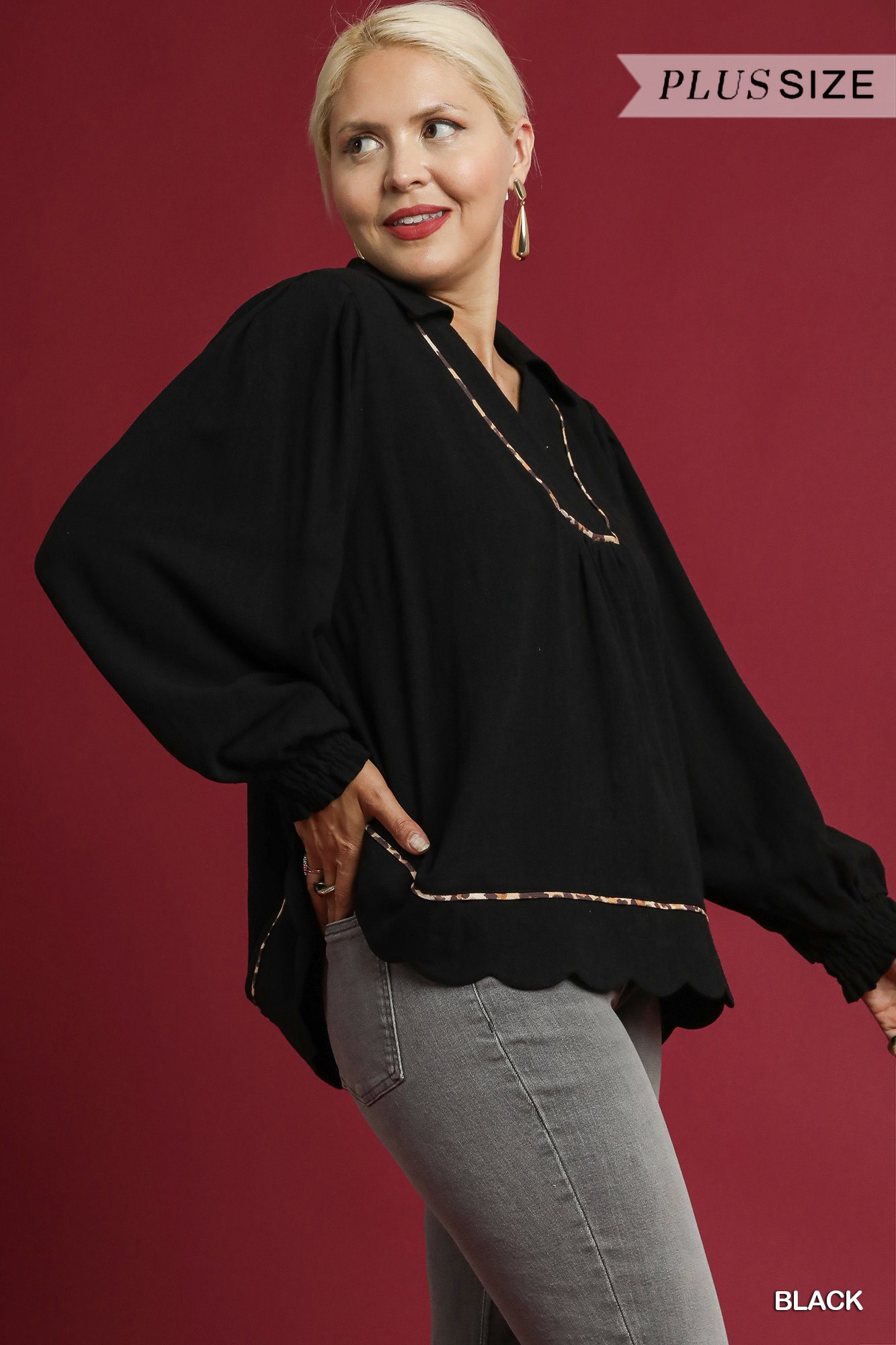 Full Size Linen Scallop Hem Blouse with Contrast Trim Plus Size, image 10