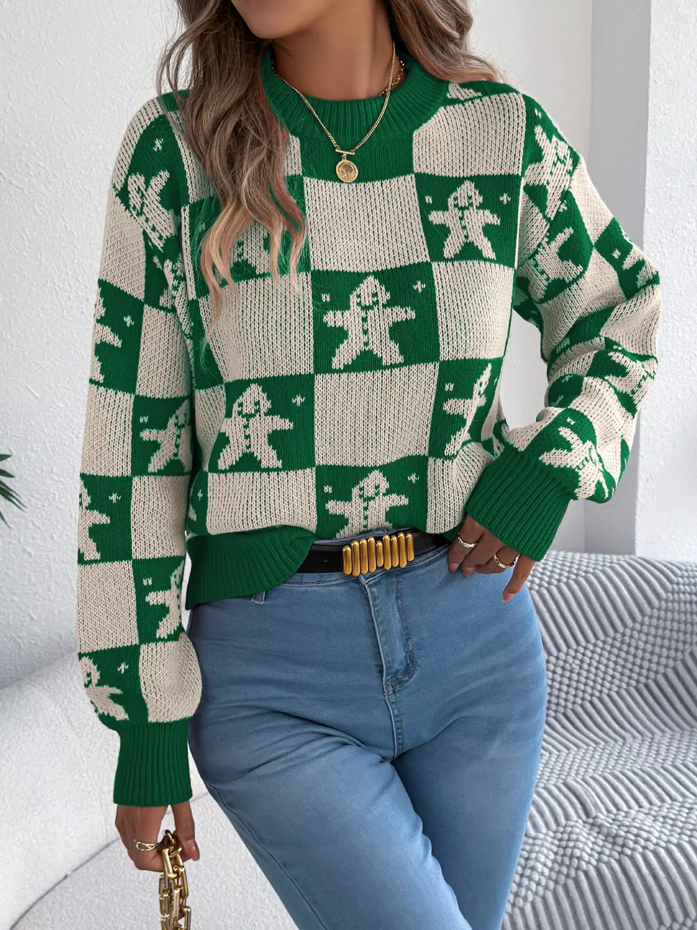 Christmas Checkerboard Gingerbread Round Neck Sweater, image 6