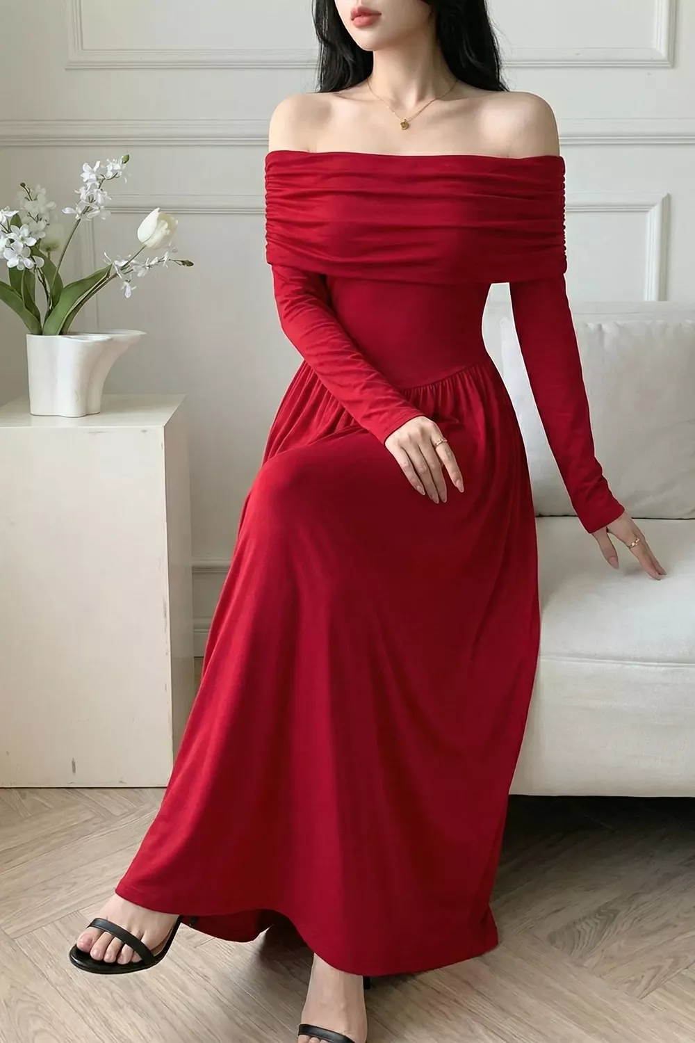 Off-Shoulder Ruched Bodycon Maxi Dress, image 4