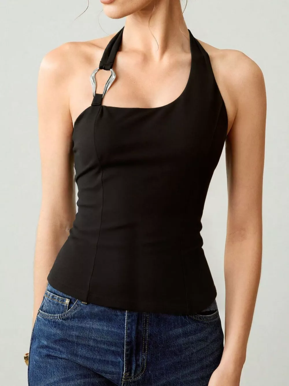 Halter Neck Tank with Metallic Ring Detail, image 2