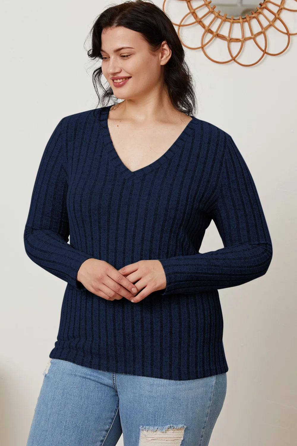 Full Size Ribbed V-Neck Long Sleeve T-Shirt, image 33