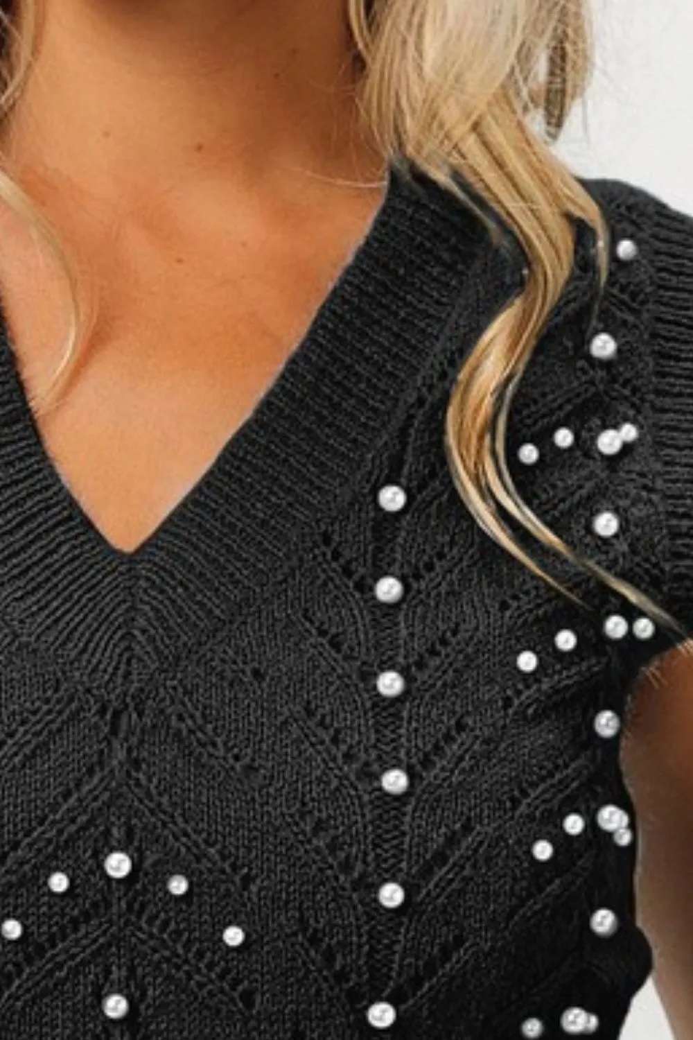 Chevron Pointelle Pearl Knit Top, image 2