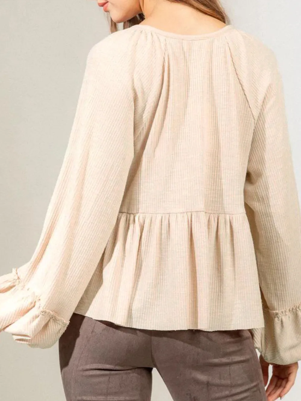 Notched Balloon Sleeve Peplum Blouse, image 8