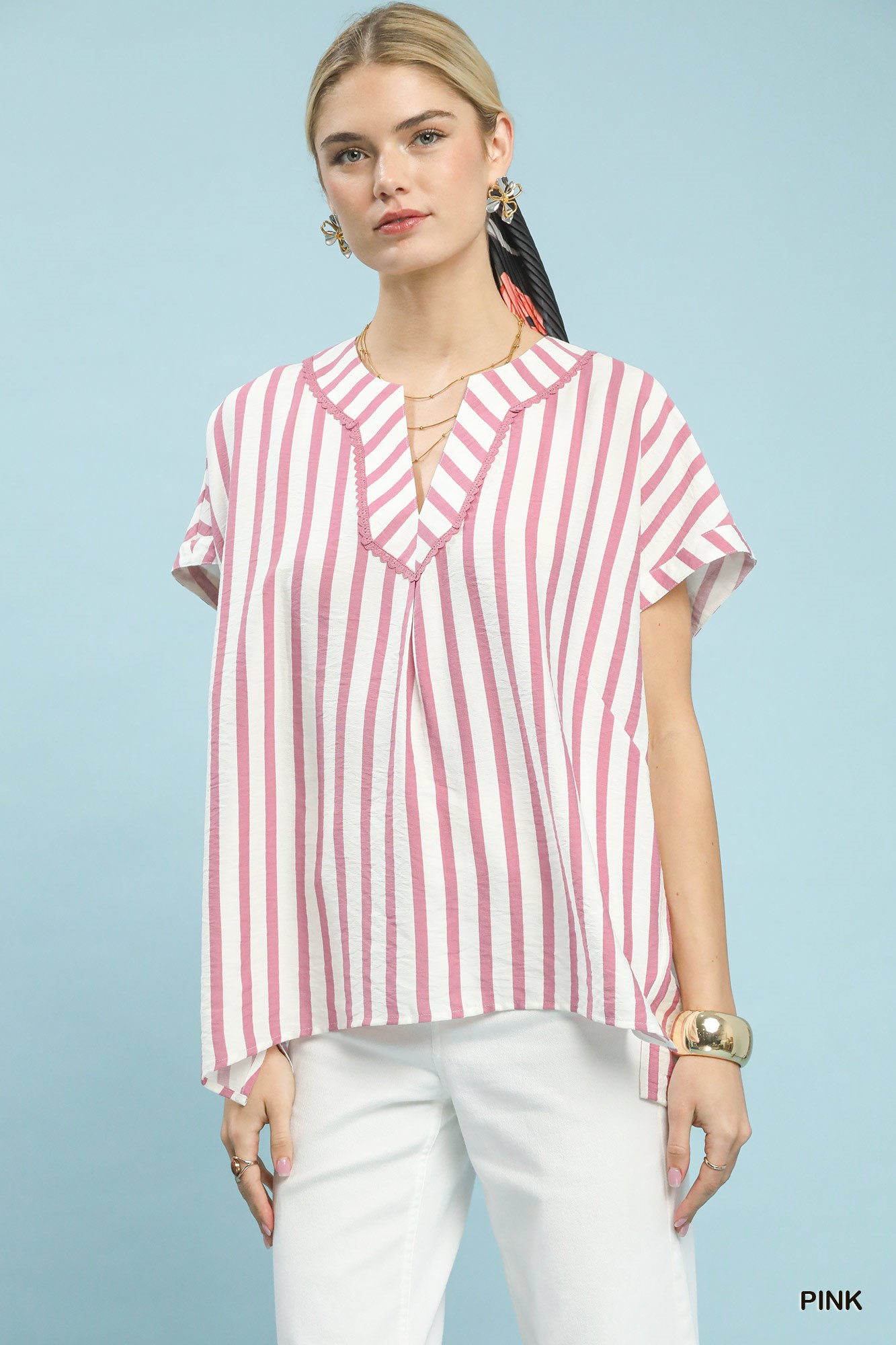 Mixed Stripe Split Neck Oversized Blouse