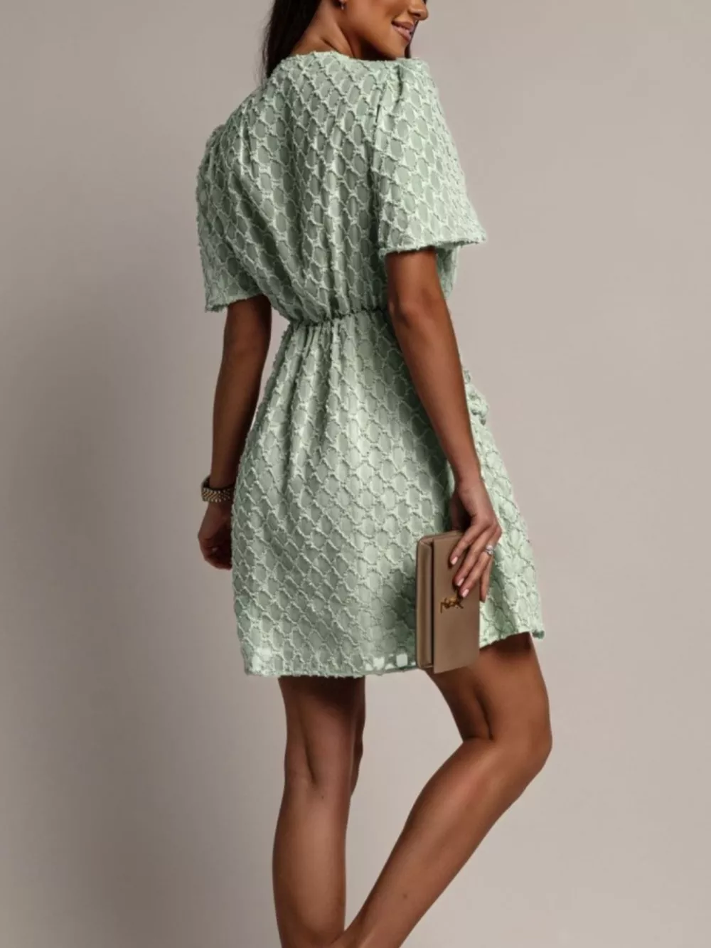 Textured Ruched Surplice Short Sleeve Dress, image 11