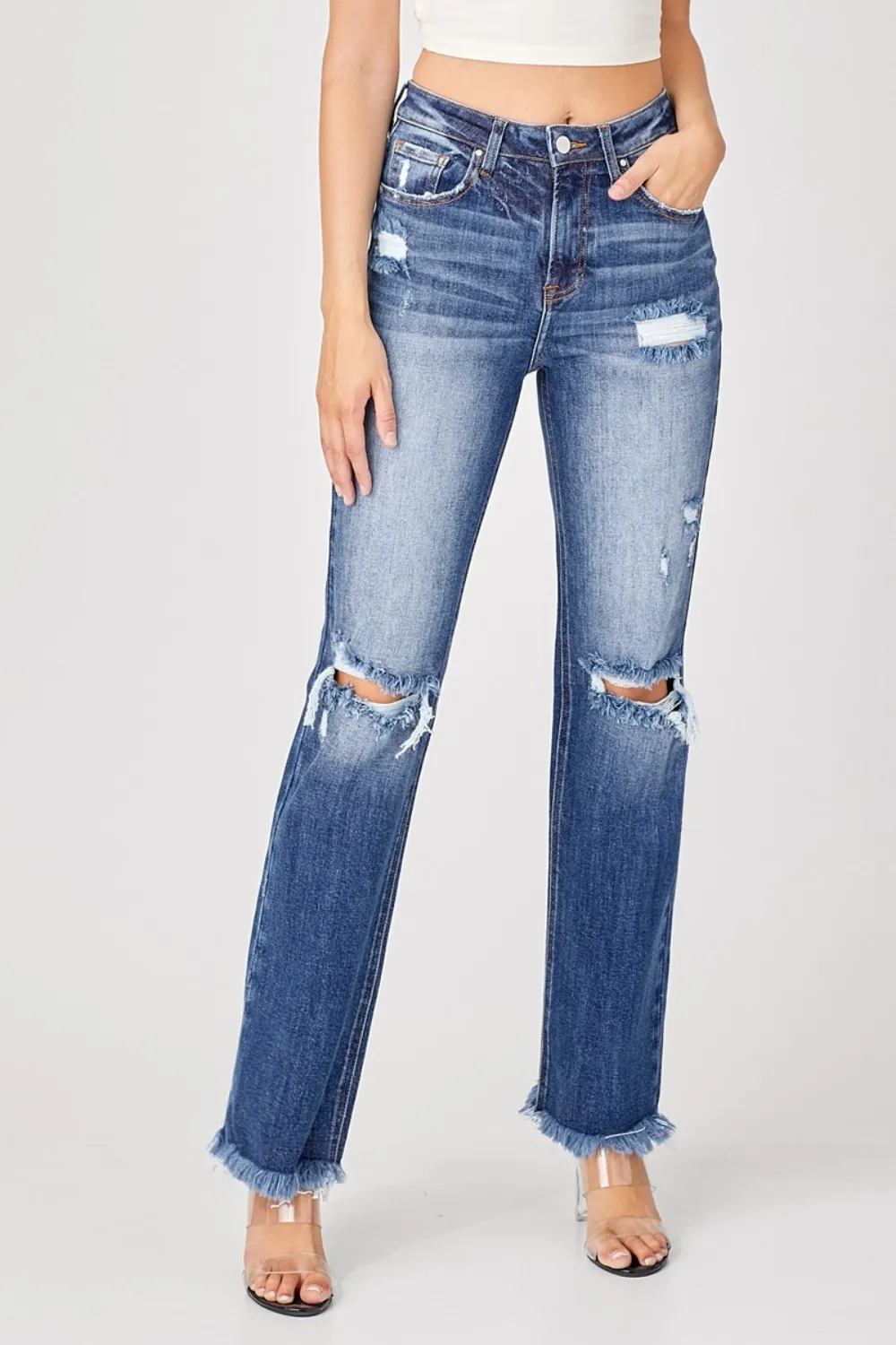 Full Size Raw Hem Distressed Straight Jeans, image 5