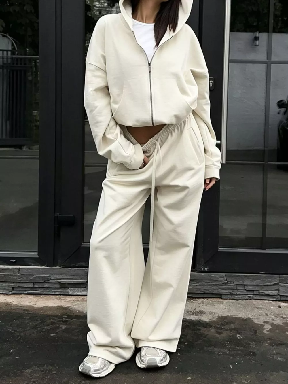 Casual Zip-Up Hoodie and Wide-Leg Sweatpants Set