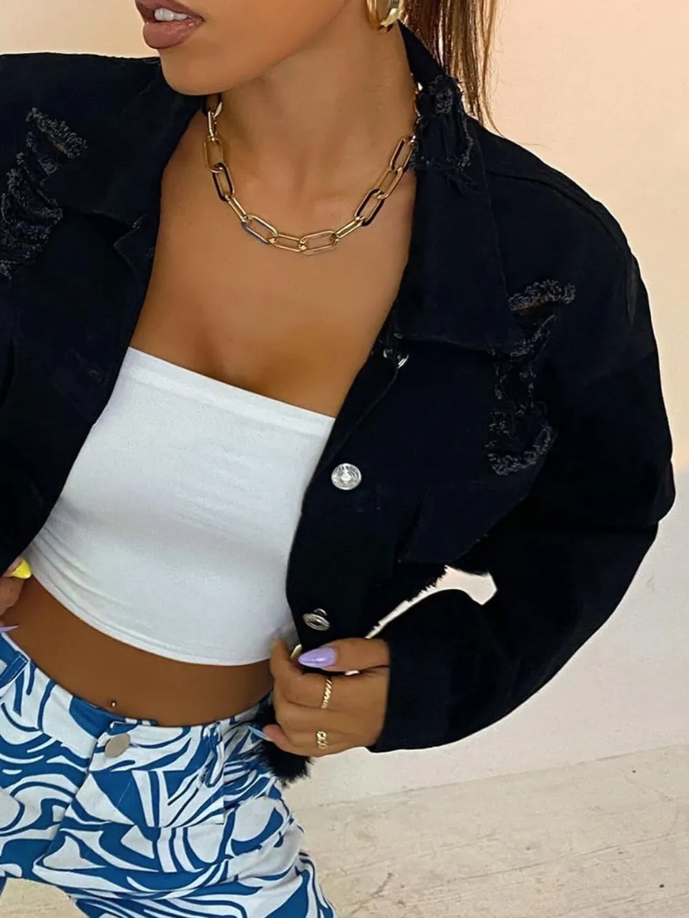 Distressed Collared Neck Long Sleeve Denim Top, image 5