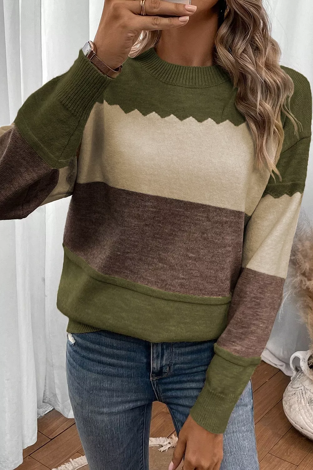 Colorblock Crew Neck Drop Shoulder Sweater, image 3