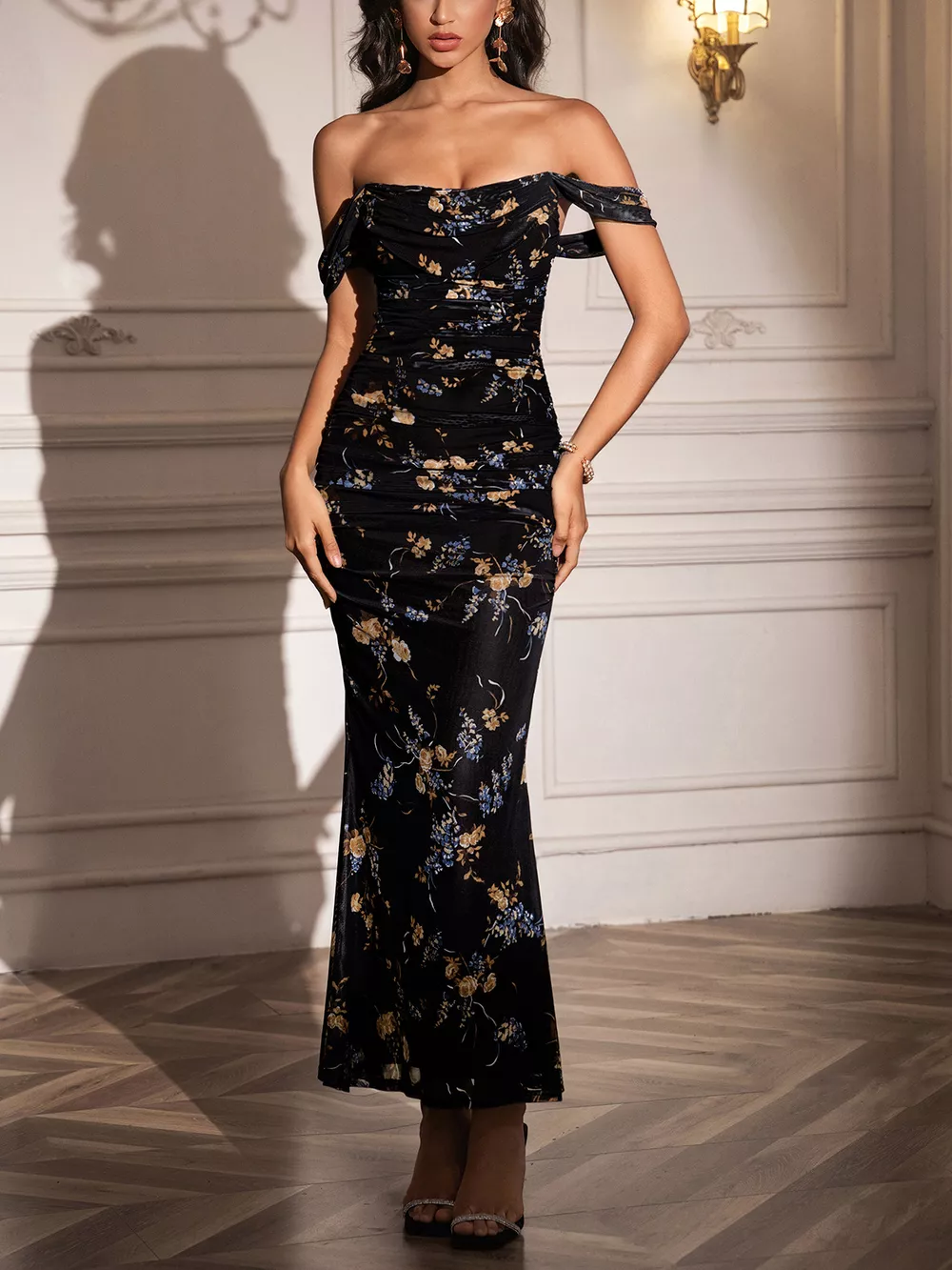 Off-Shoulder Ruched Floral Mermaid Dress, image 32