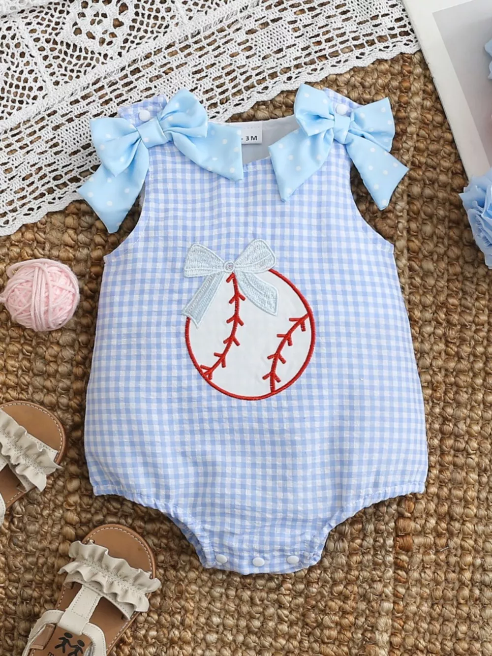 Children's Baseball Embroidered One-Piece with Bows, image 2
