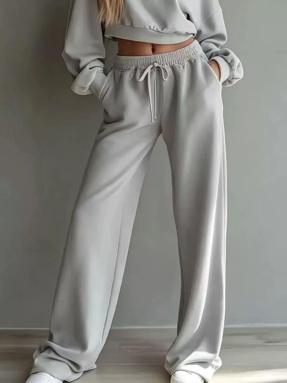Round Neck Cropped Sweatshirt and Wide-Leg Pants Set, image 6