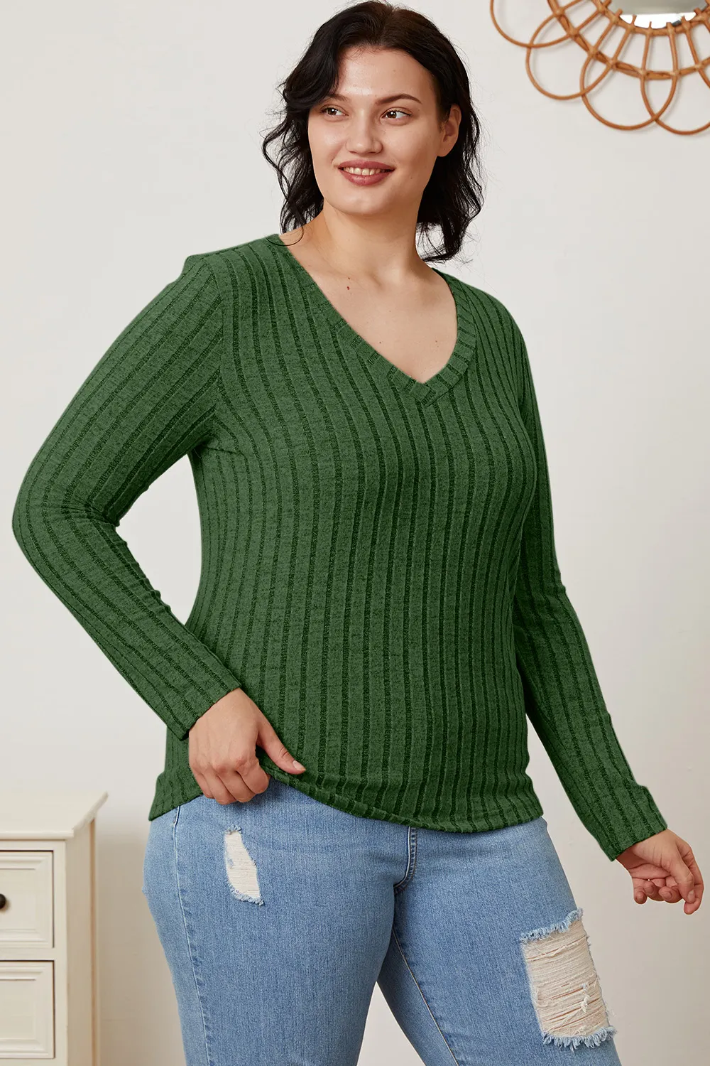 Full Size Ribbed V-Neck Long Sleeve T-Shirt, image 34