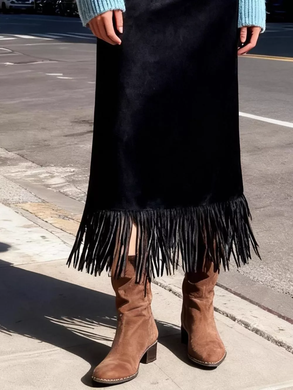 High-Waisted Suede Fringe Midi Skirt, image 11