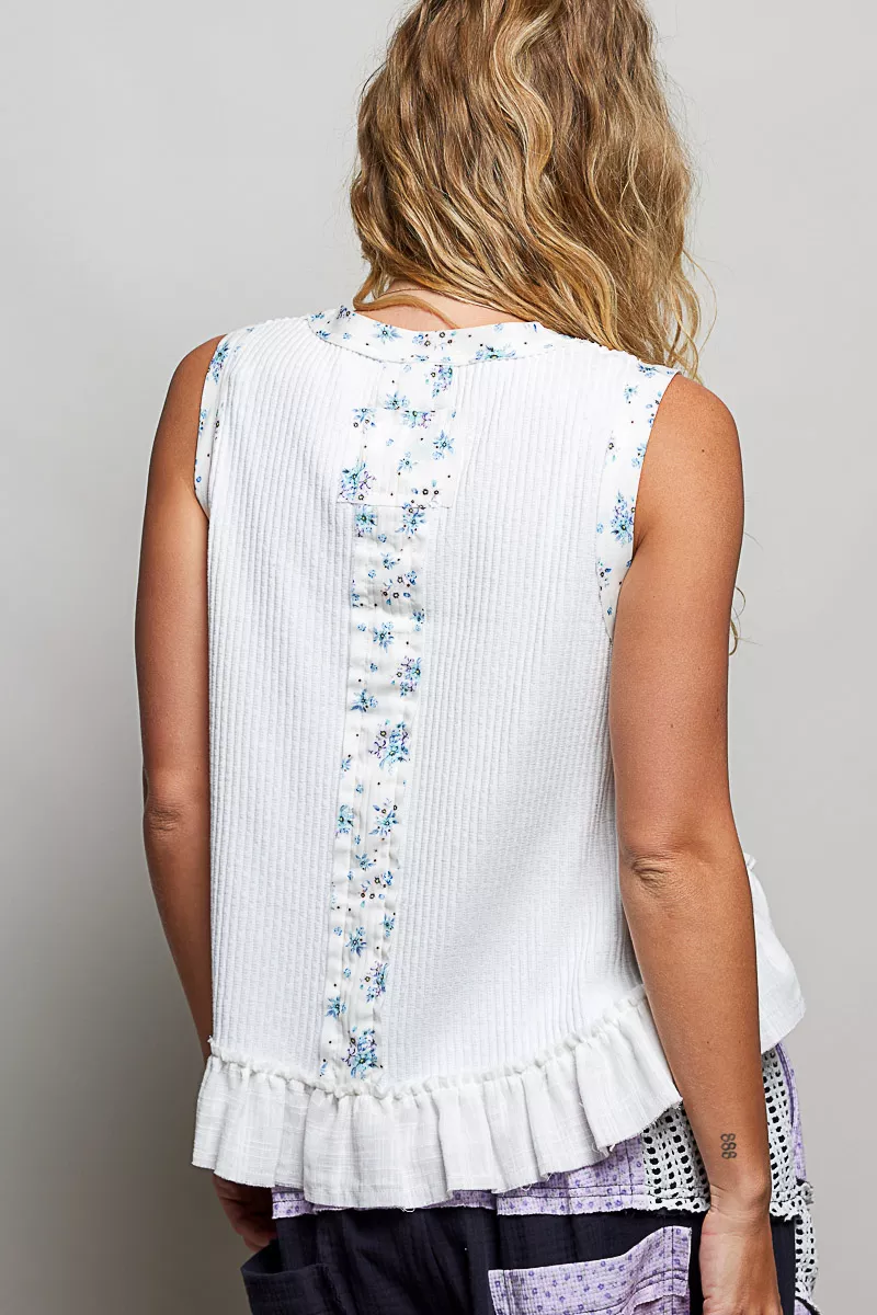 Floral Print Patche Round Neck Ribbed Tank with Double Gauze Ruffle Accents, image 6