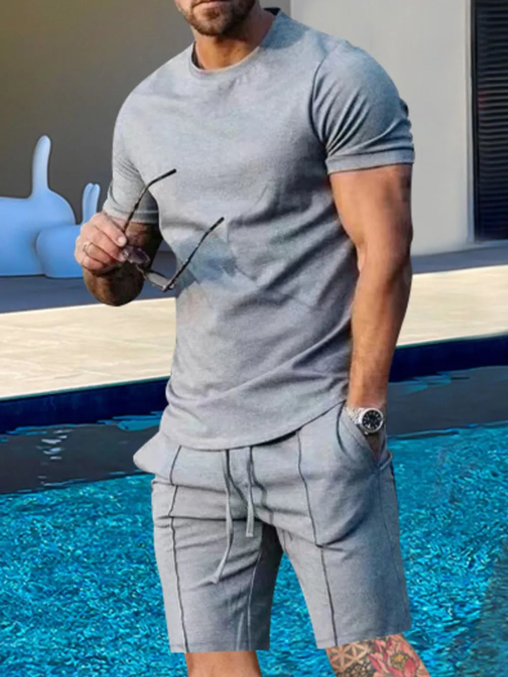 Men's Plus Size Round Neck Short Sleeve Top and Shorts Set, image 6