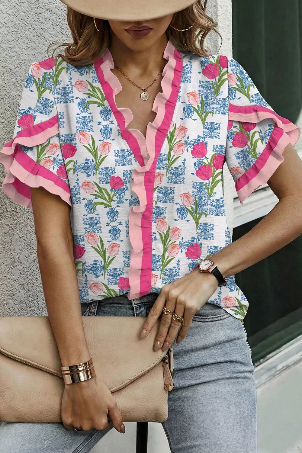 Floral Print Ruffle V-Neck Short Sleeve Loose Tunic Shirt, image 3
