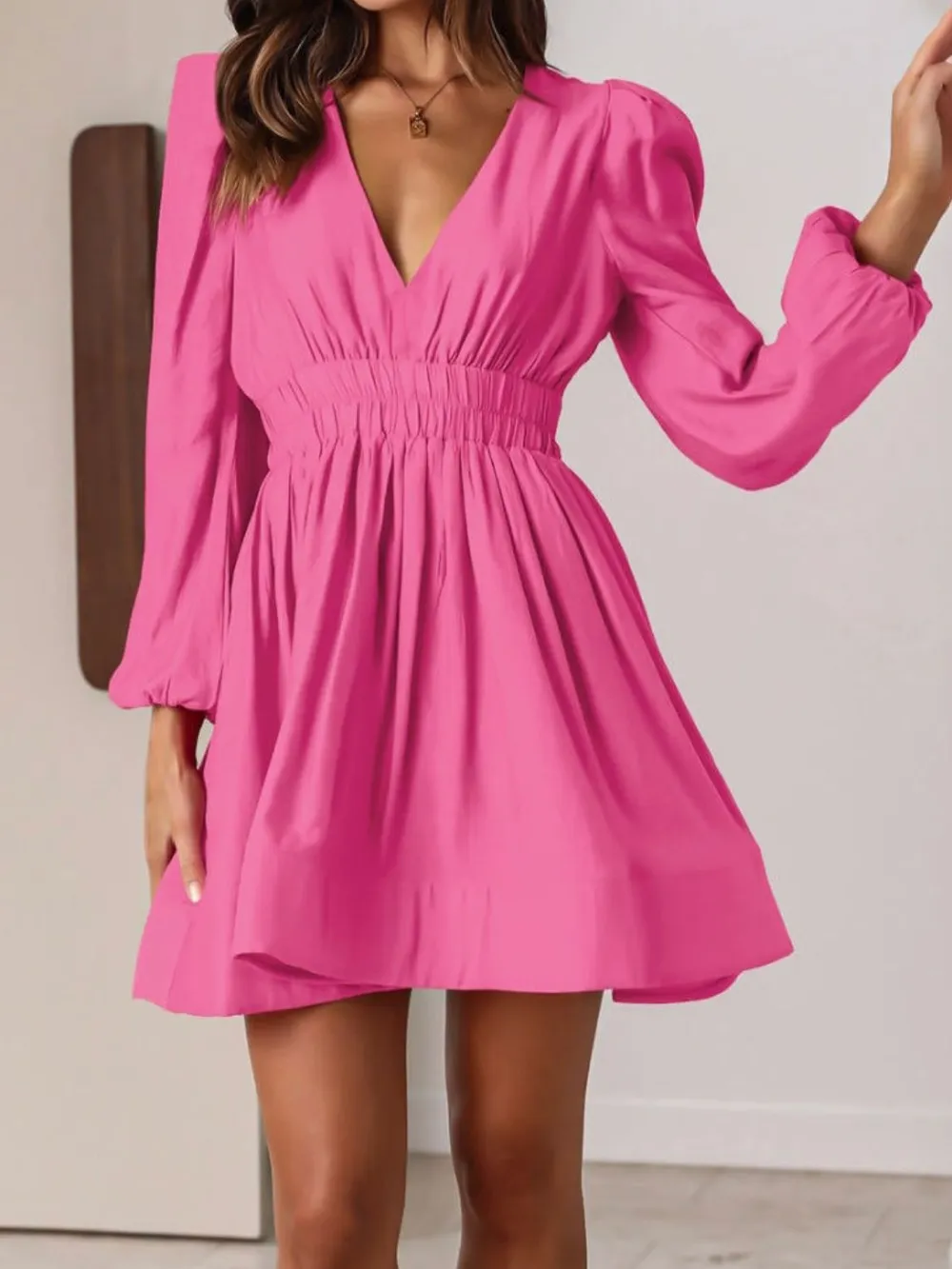 Ruched V-Neck Balloon Sleeve Mini Dress, image 18
