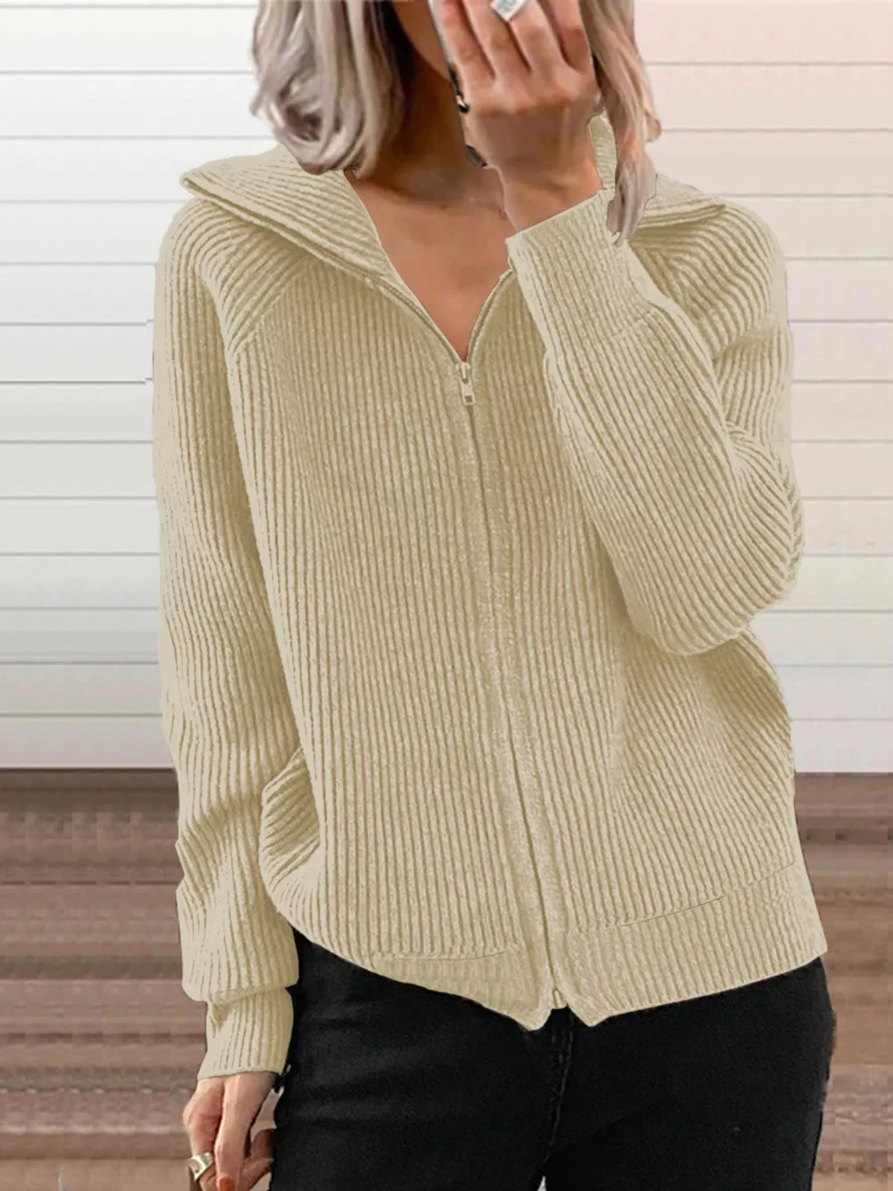 Full Size Ribbed Knit Zip-Up Outerwear Plus Size, image 16