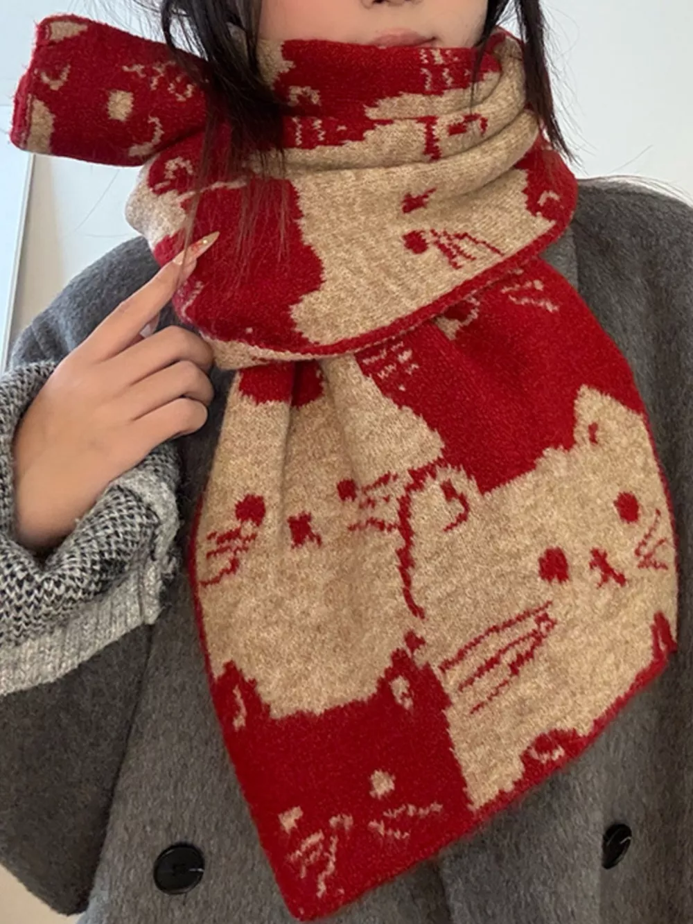 Cute Cat Pattern Knitted Scarf, image 8