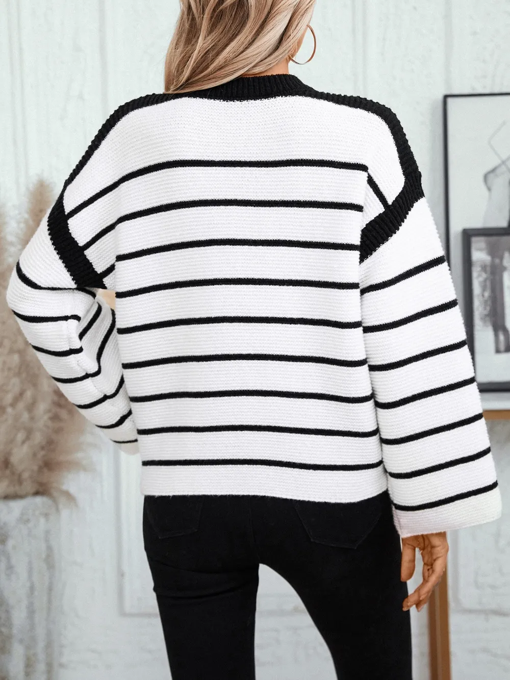 Striped Round Neck Long Sleeve Sweater, image 2