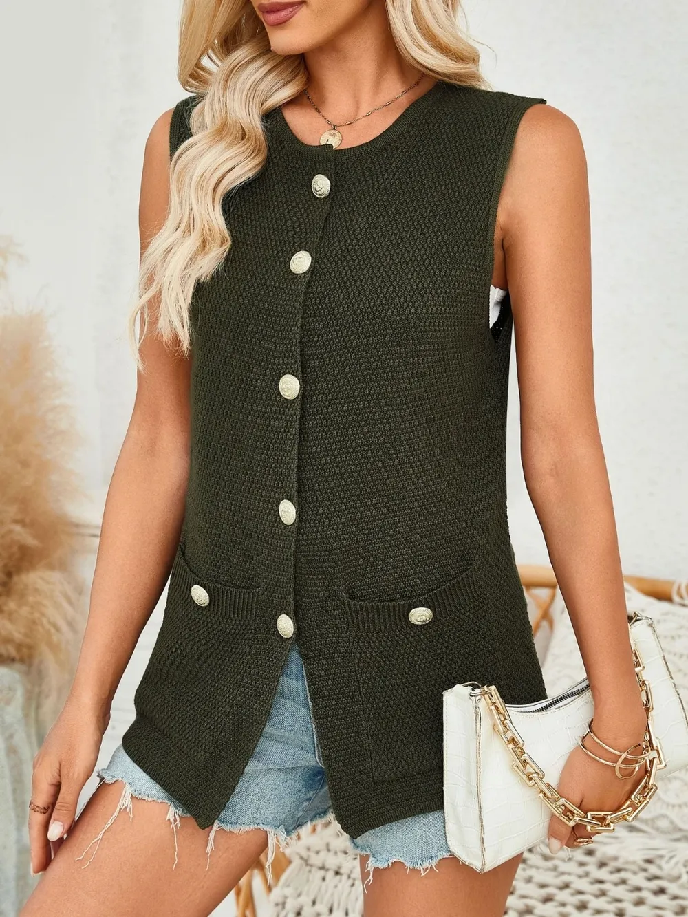 Button Down Round Neck Knit Vest, image 2